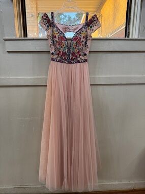 Sherri Hill Pink Floral Embroidered Tulle Gown